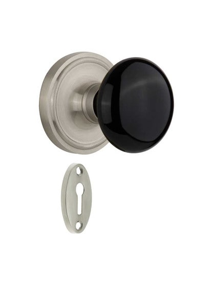 Classic Rosette Mortise-Lock Set with Black Porcelain Knobs in Satin Nickel.